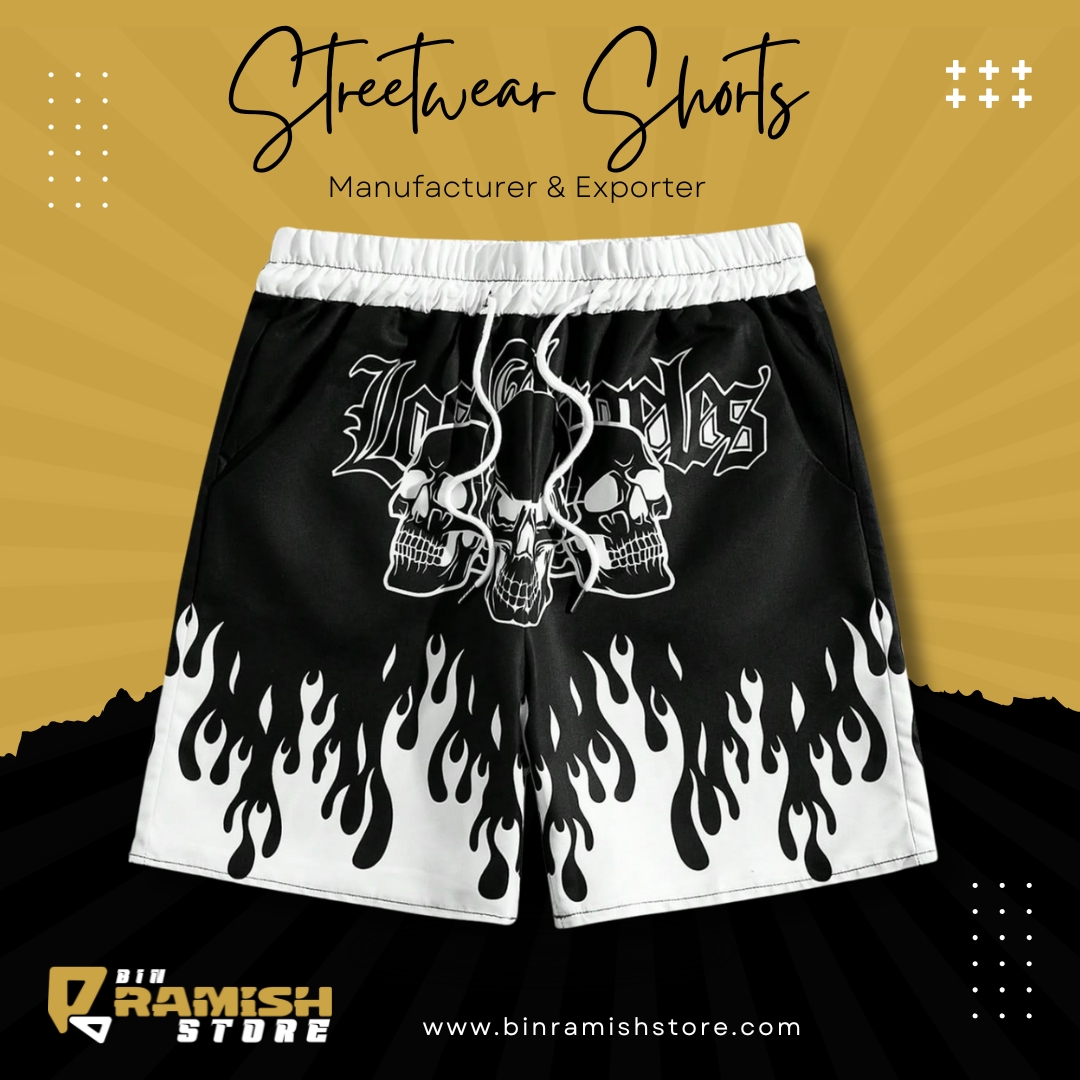Street Wear Shorts Bin Ramish Store Manufacturing (13) Streetwear Flame Skull Shorts ? ?Los Angeles Inferno? Edition - Image 1