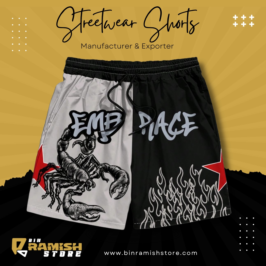 Street Wear Shorts Bin Ramish Store Manufacturing (7) Dual-Tone Streetwear Shorts ? Scorpion & Flame Graphic - Image 1