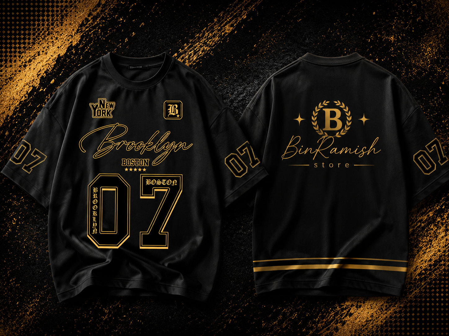 Front and back view mockup of a black oversized long-sleeve streetwear T-shirt bin ramish store (1) Premium Oversized Streetwear T-Shirt Manufacturer | Custom Urban Fashion Supplier | Bin Ramish Store - Image 1