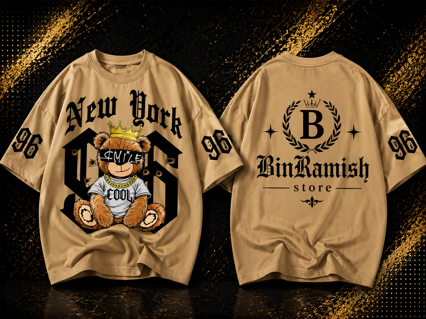 Front and back view mockup of a black oversized long-sleeve streetwear T-shirt bin ramish store (10) Custom Beige Oversized Teddy Bear Graphic T-Shirt Manufacturer | Wholesale Streetwear Clothing Exporter | Bin Ramish Store - Image 1