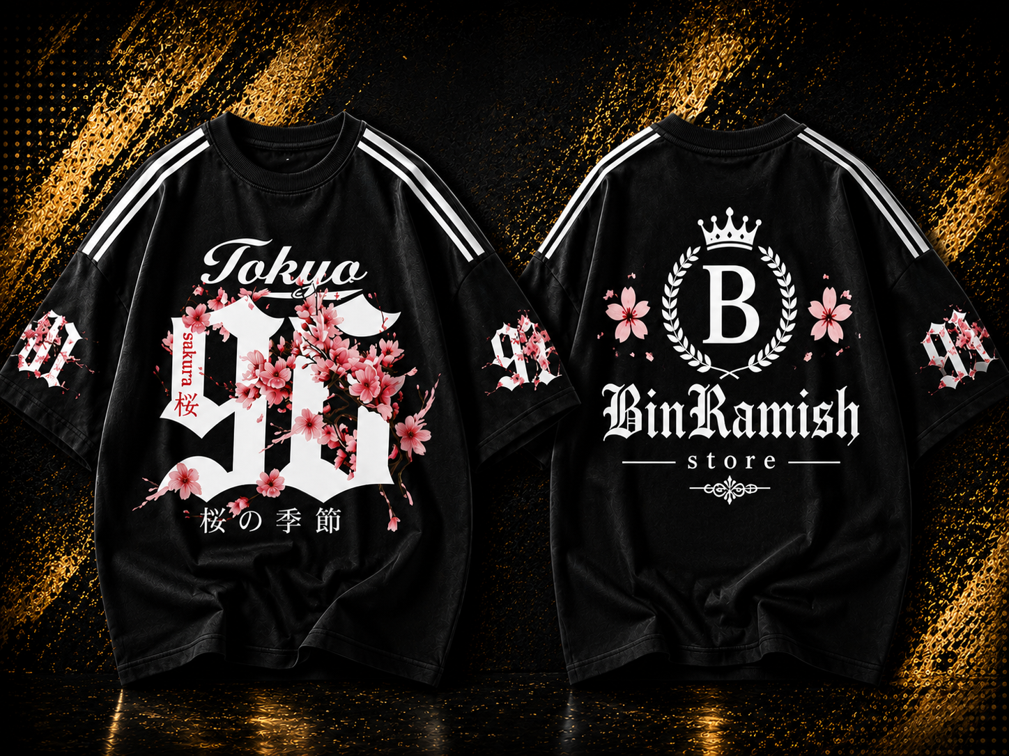 Front and back view mockup of a black oversized long-sleeve streetwear T-shirt bin ramish store (11) Custom Black Tokyo Sakura Oversized T-Shirt Manufacturer | Wholesale Japanese Streetwear Exporter | Bin Ramish Store - Image 1