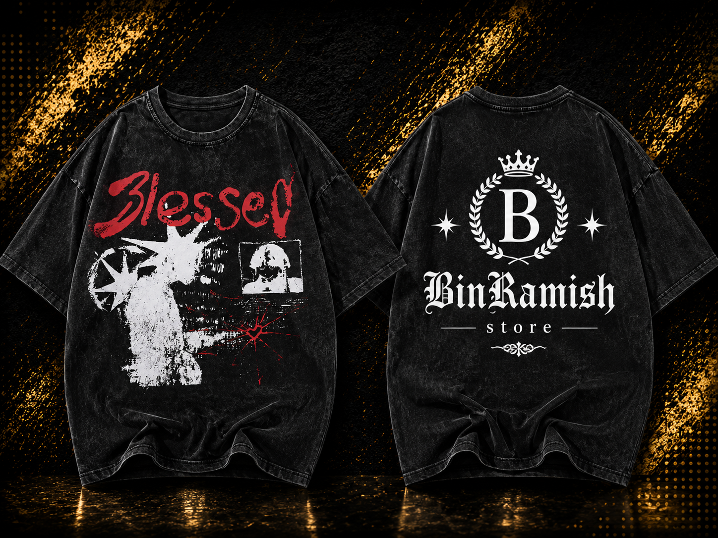 Front and back view mockup of a black oversized long-sleeve streetwear T-shirt bin ramish store (12) Custom Vintage Washed Oversized Graphic T-Shirt Manufacturer | Wholesale Streetwear Clothing Exporter | Bin Ramish Store - Image 1