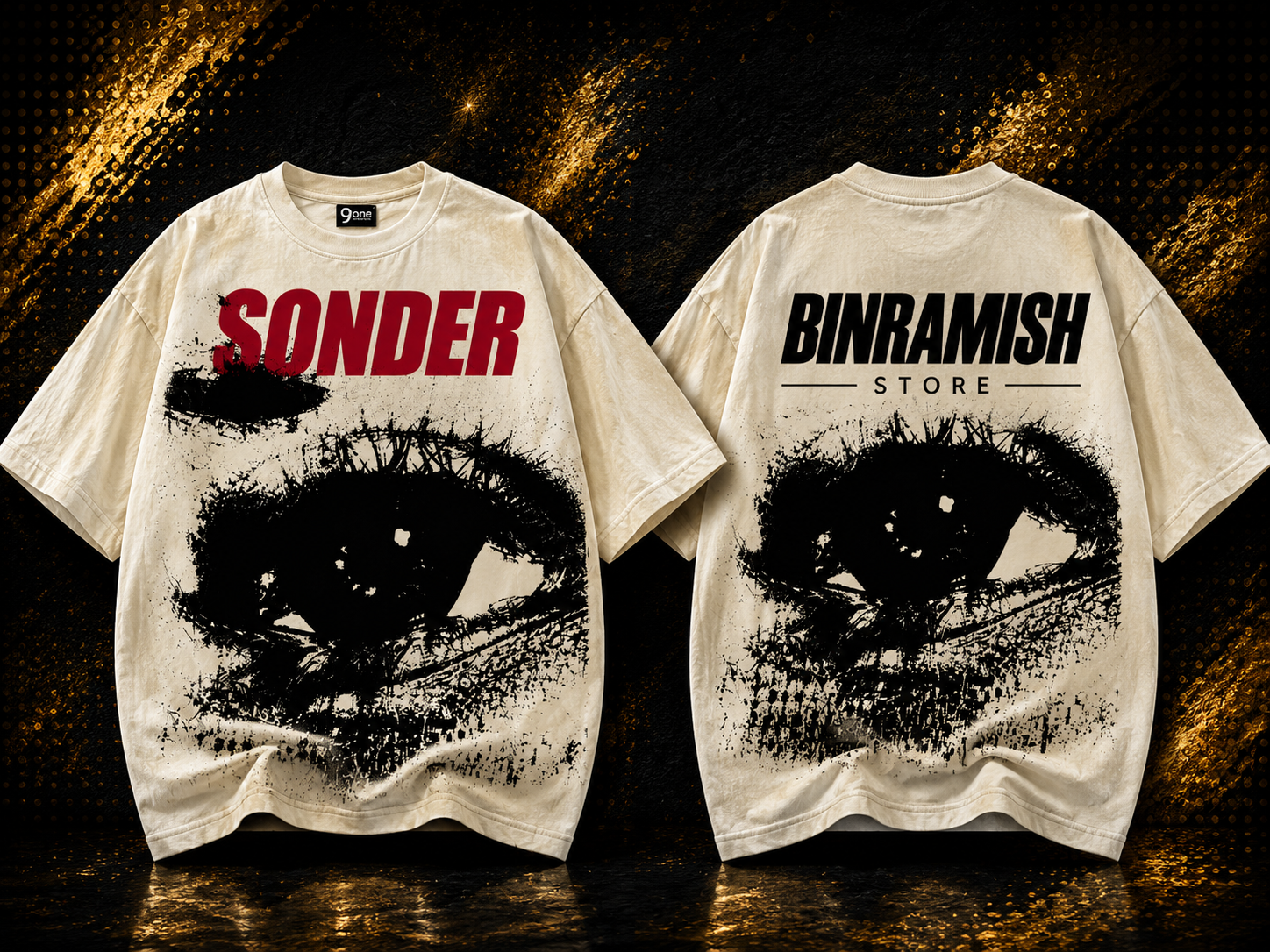 Front and back view mockup of a black oversized long-sleeve streetwear T-shirt bin ramish store (13) Custom Cream Oversized Graphic T-Shirt Manufacturer | Wholesale Streetwear Clothing Exporter | Bin Ramish Store - Image 1