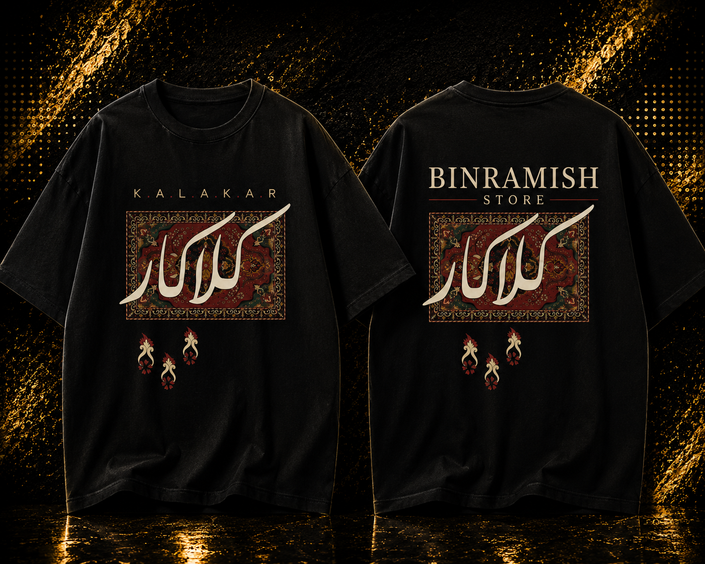 Front and back view mockup of a black oversized long-sleeve streetwear T-shirt bin ramish store (14) Custom Black Oversized Kalakar Graphic T-Shirt Manufacturer | Wholesale Streetwear Clothing Exporter | Bin Ramish Store - Image 1