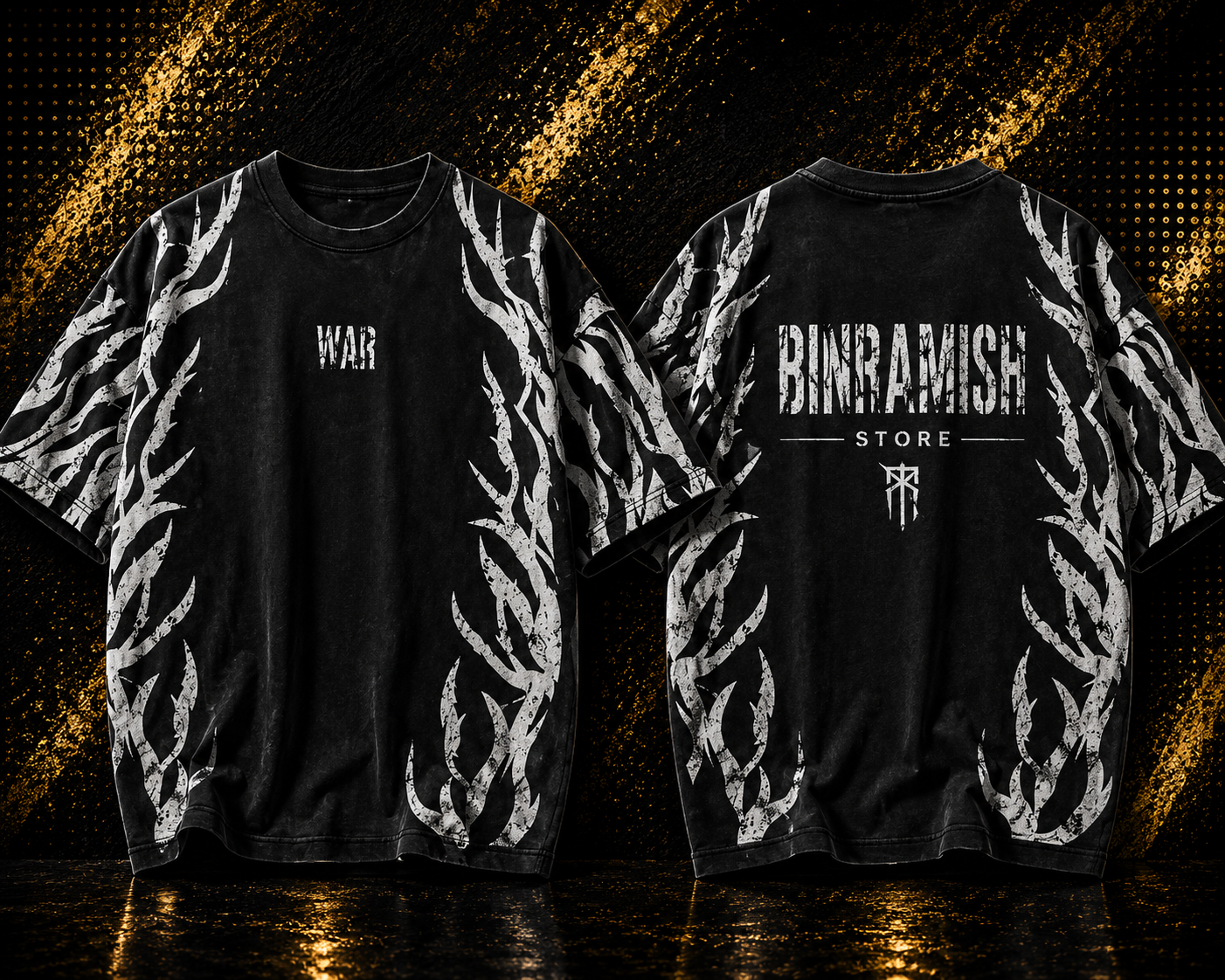Front and back view mockup of a black oversized long-sleeve streetwear T-shirt bin ramish store (15) Custom Black Tribal Oversized T-Shirt Manufacturer | Wholesale Streetwear Clothing Exporter | Bin Ramish Store - Image 1