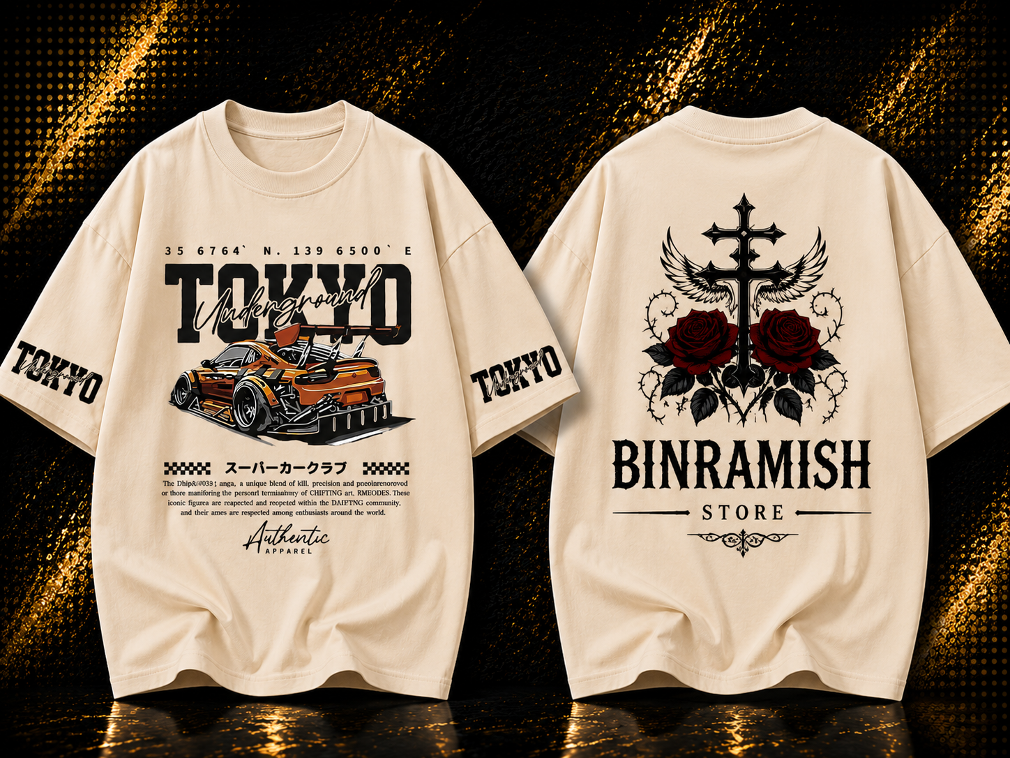 Front and back view mockup of a black oversized long-sleeve streetwear T-shirt bin ramish store (17) Custom Cream Tokyo Racing Oversized T-Shirt Manufacturer | Wholesale Streetwear Clothing Exporter | Bin Ramish Store - Image 1