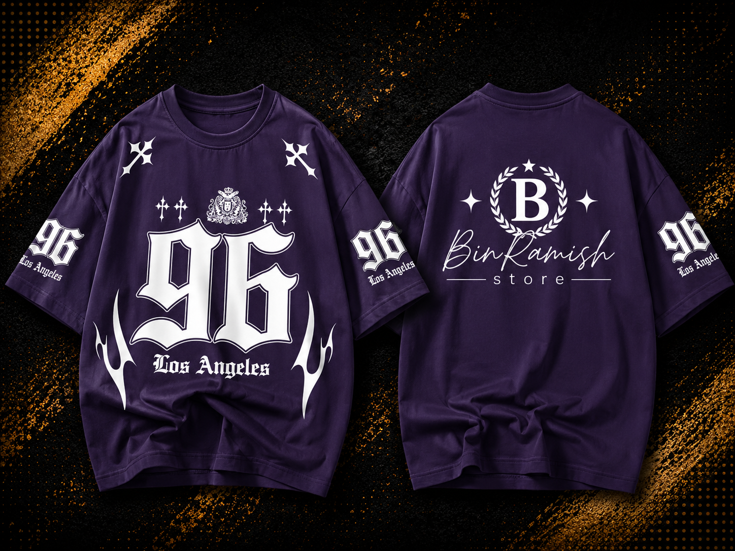 Front and back view mockup of a black oversized long-sleeve streetwear T-shirt bin ramish store (5) Custom Purple Oversized Graphic T-Shirt Manufacturer | Wholesale Streetwear Clothing Exporter | Bin Ramish Store - Image 1