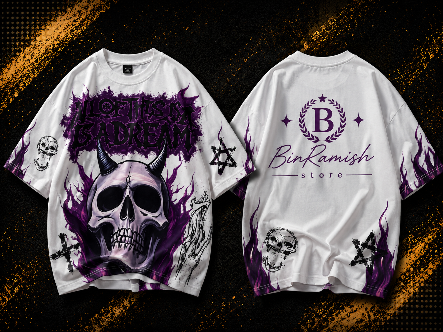 Front and back view mockup of a black oversized long-sleeve streetwear T-shirt bin ramish store (6) Custom Gothic Oversized Graphic T-Shirt Manufacturer | Wholesale Streetwear Clothing Exporter | Bin Ramish Store - Image 1