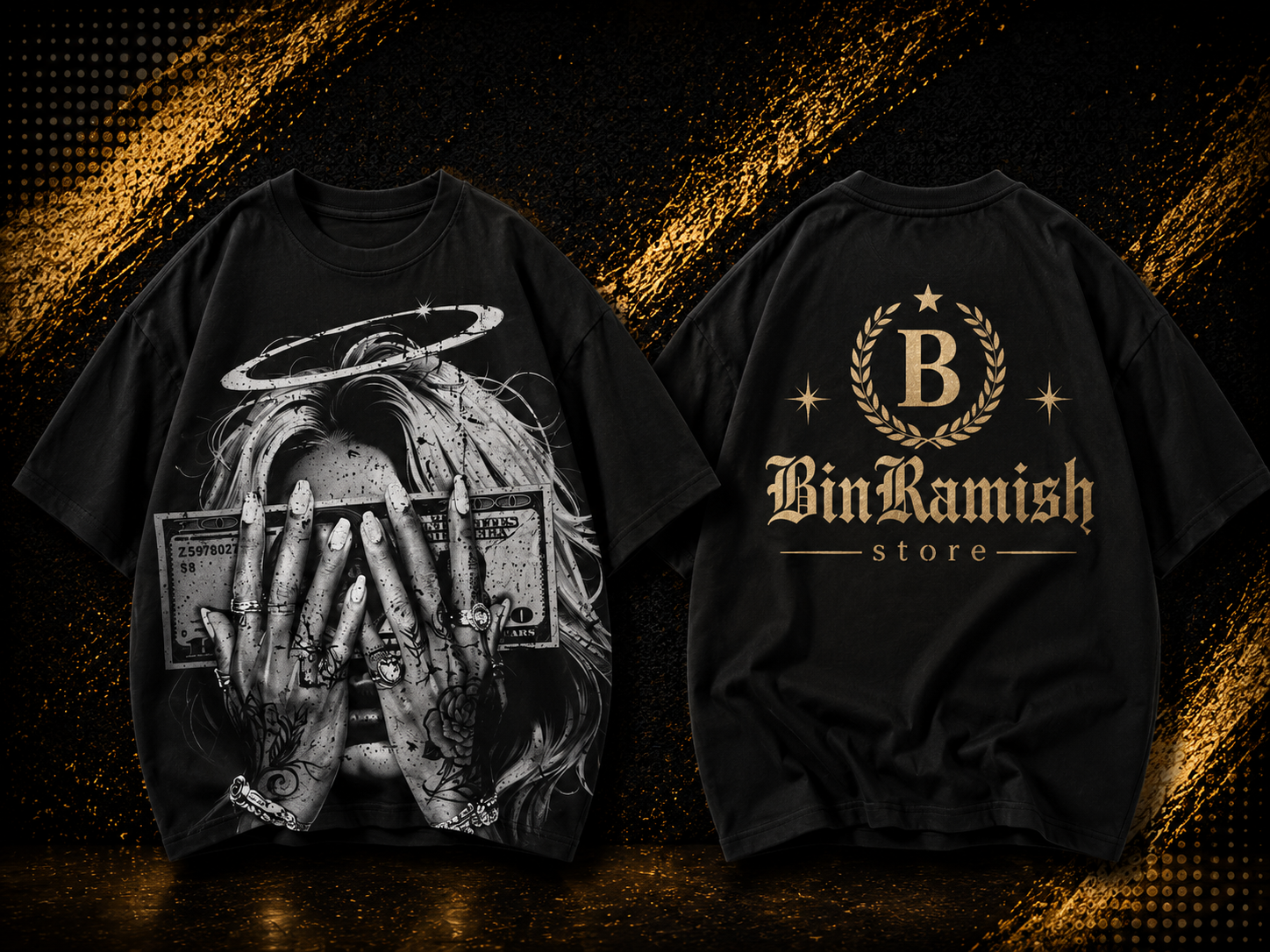 Front and back view mockup of a black oversized long-sleeve streetwear T-shirt bin ramish store (8) Custom Black Oversized Graphic T-Shirt Manufacturer | Wholesale Streetwear Clothing Exporter | Bin Ramish Store - Image 1
