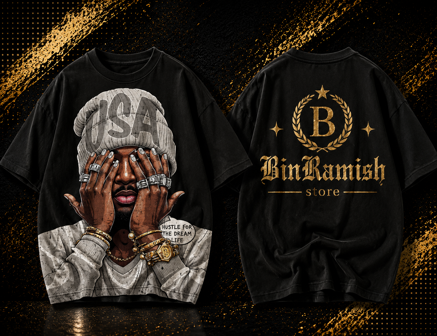 Front and back view mockup of a black oversized long-sleeve streetwear T-shirt bin ramish store (9) Custom Black Oversized Urban Graphic T-Shirt Manufacturer | Wholesale Streetwear Clothing Exporter | Bin Ramish Store - Image 1